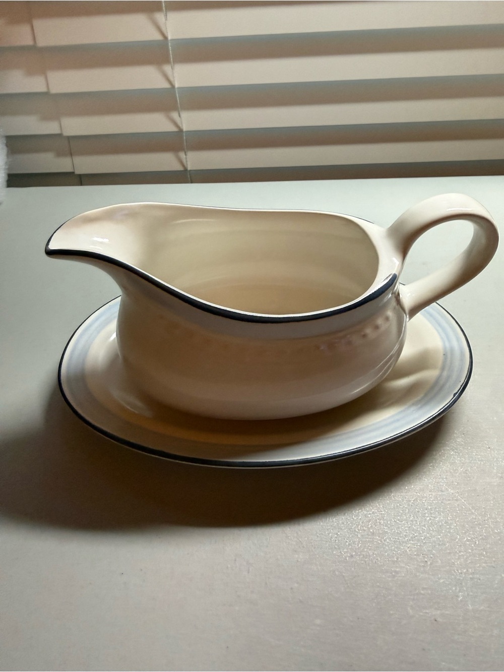 Vintage Haviland Cream Ceramic Gravy Boat with Navy Trim and Saucer